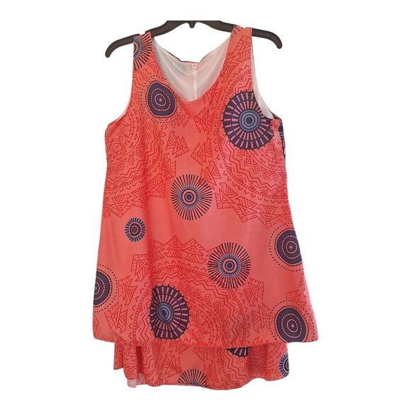 Dresses & Skirts - Two Layered Silky Lined Tank Dress Orange Bold Aztec Sphere Print M Pullover EUC